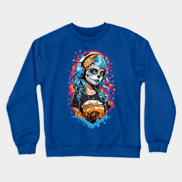 Dia de los Muertos Sugar Skull DJ Girl Crewneck Sweatshirt by SocietyTwentyThree